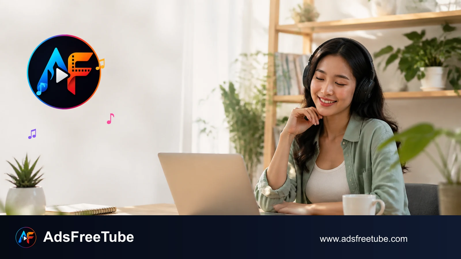 Headphones and a playlist workspace with AdsFreeTube logo