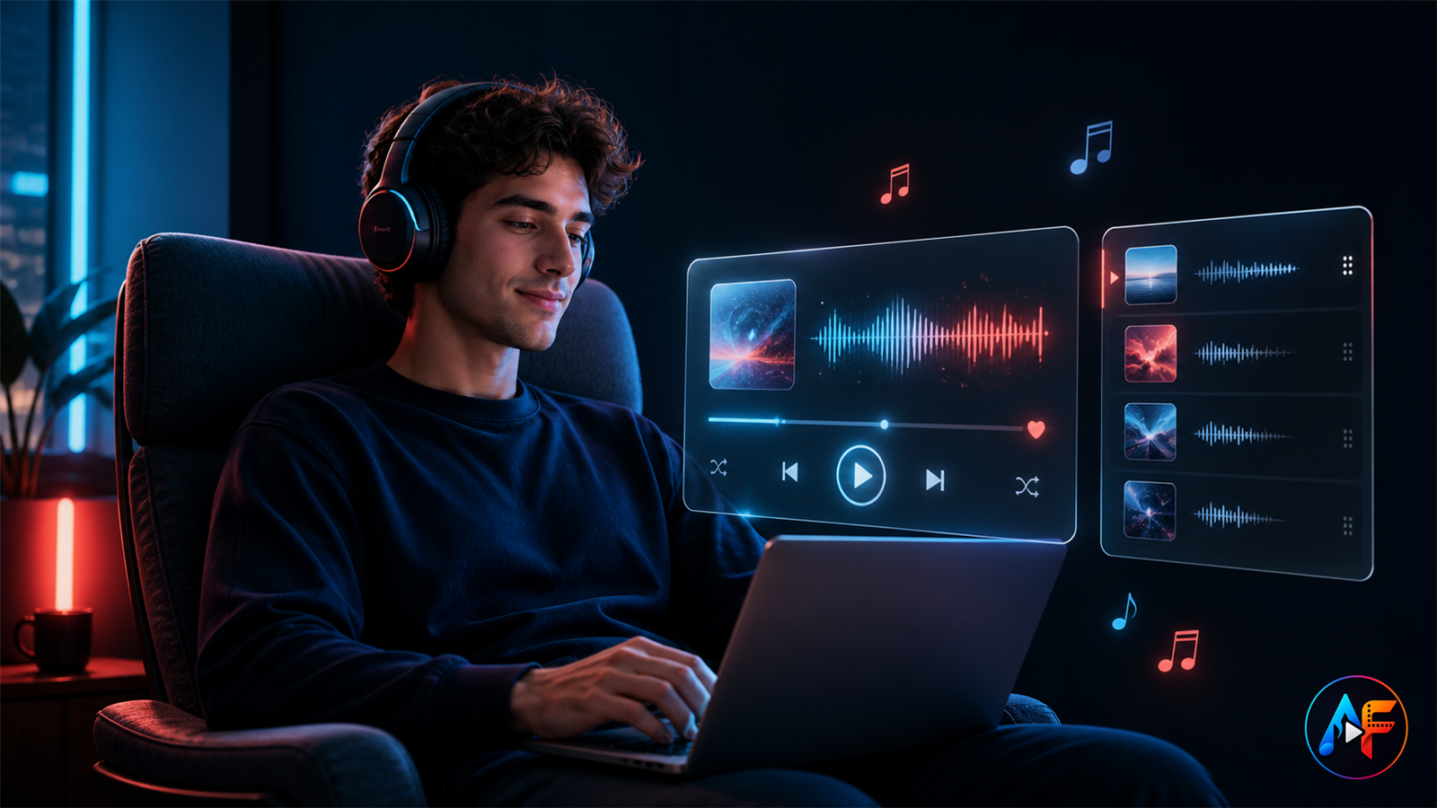 Person wearing headphones beside a glowing organized audio queue on a laptop
