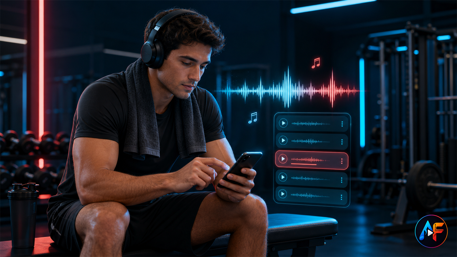 Gym listener wearing headphones and arranging a music queue on a phone between workout sets